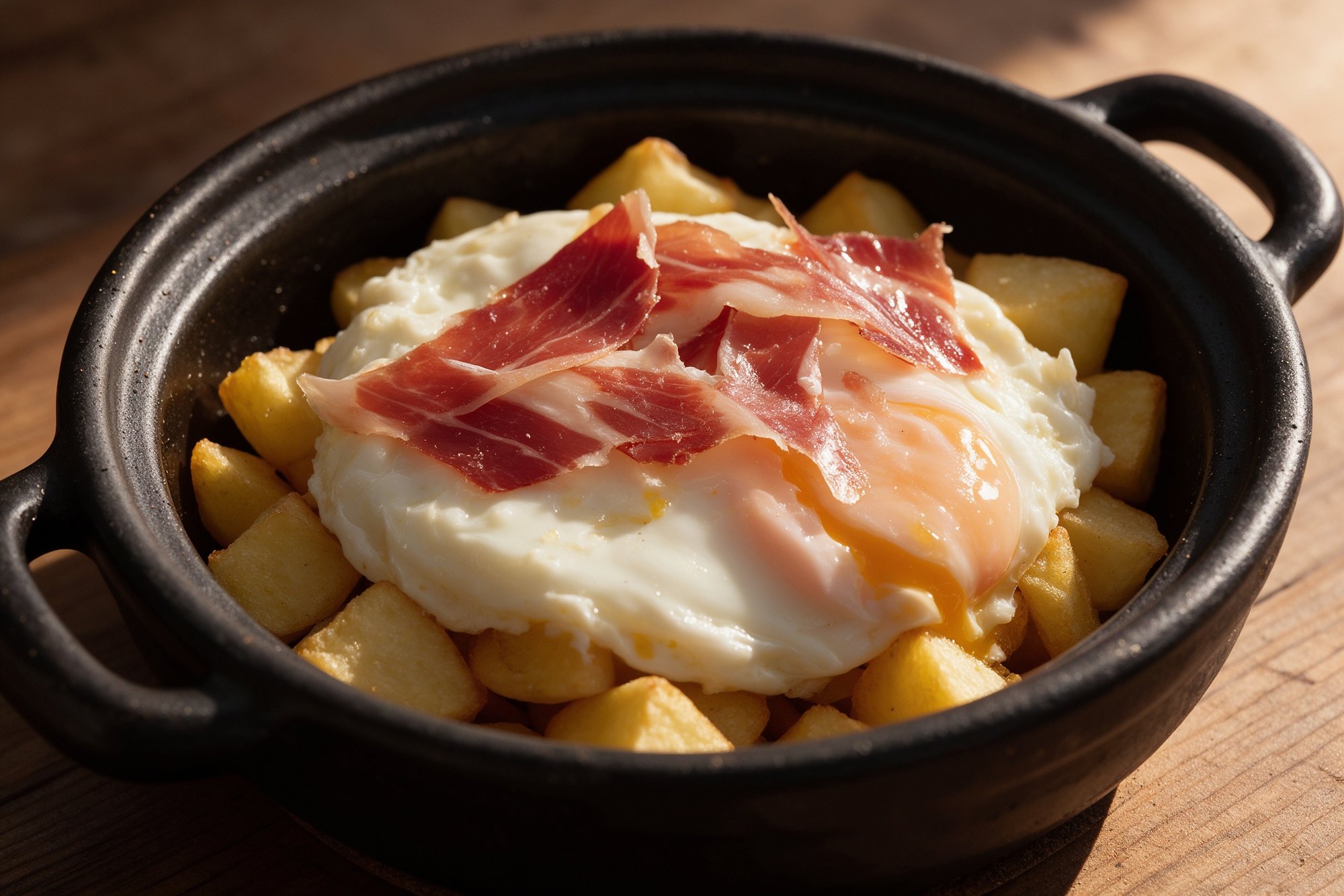Cazuela de huevos rotos con jamón ibérico y patatas fritas