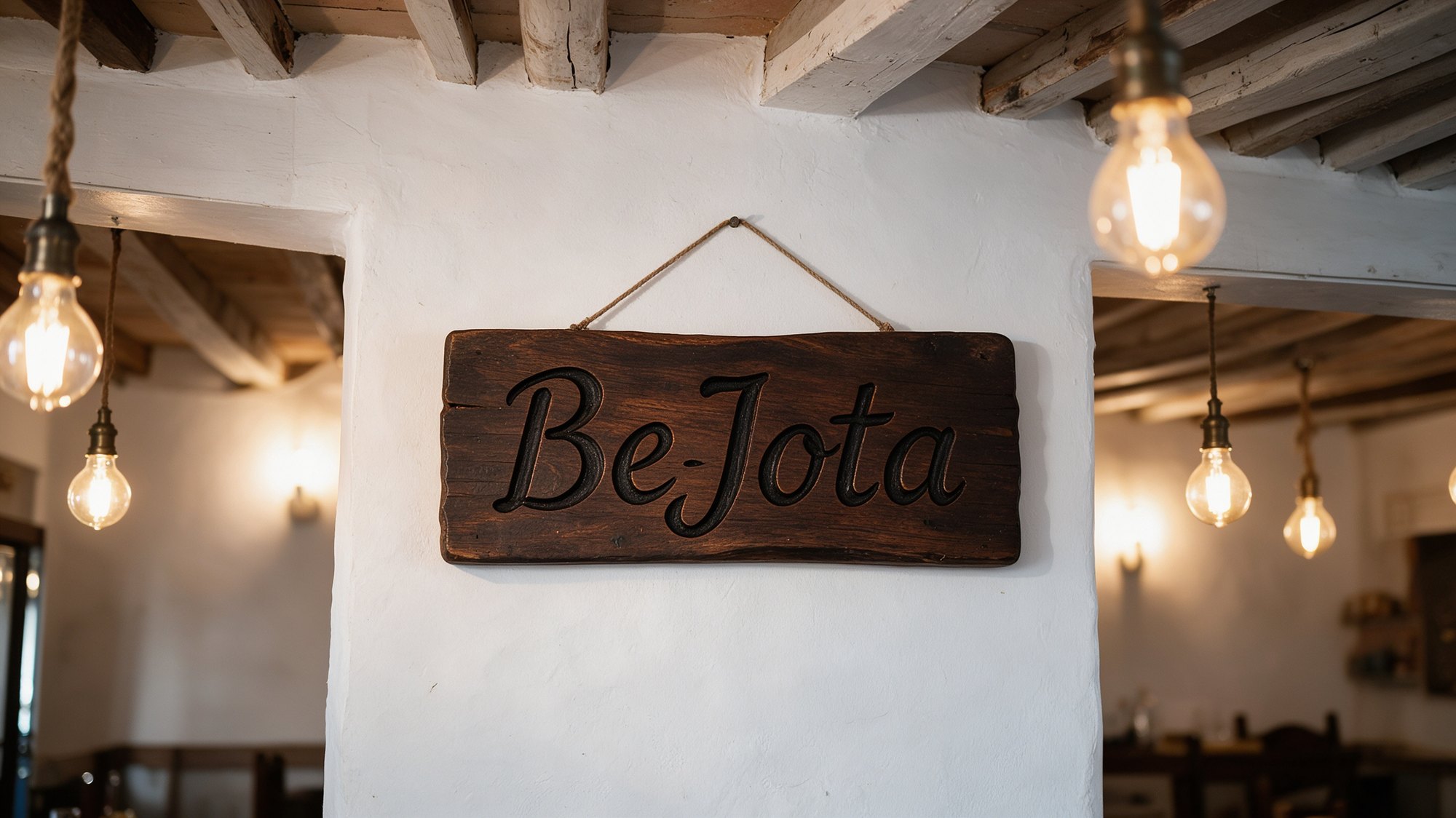 Letrero de madera BeJota en la pared blanca del restaurante con bombillas y vigas